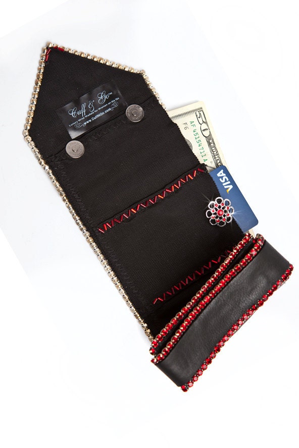 Sparkling Red Rhinestone Black Leather Wallet Cuff - Arrow