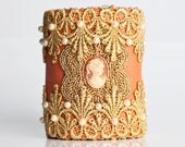 Coral Leather Lace and Pearls Cuff Wallet - Chantilly