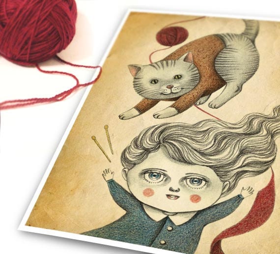 Cute Cat Knitting Illustration Reproduction Digital Print - Kitty Knitting by Amalia K - 8x10 inches