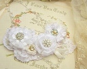 Bib Statement Necklace, White Flowers with Rhinestones, Pearls