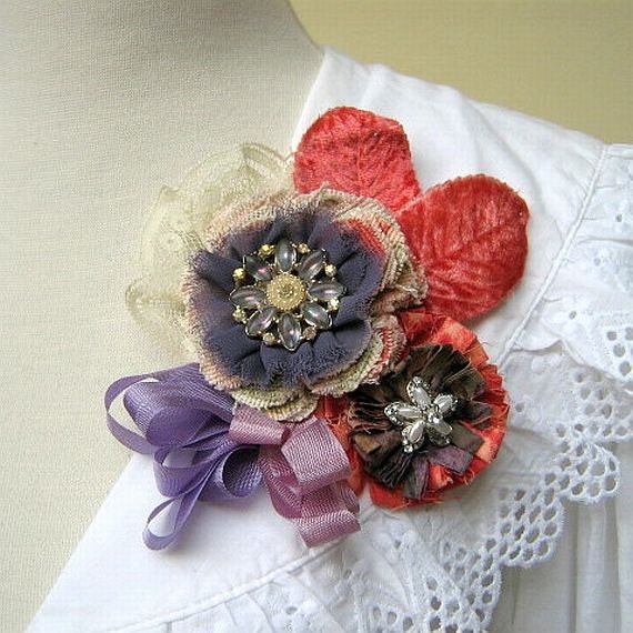 Fabric Flower Pin, Corsage, Brooch in Lavender and Coral