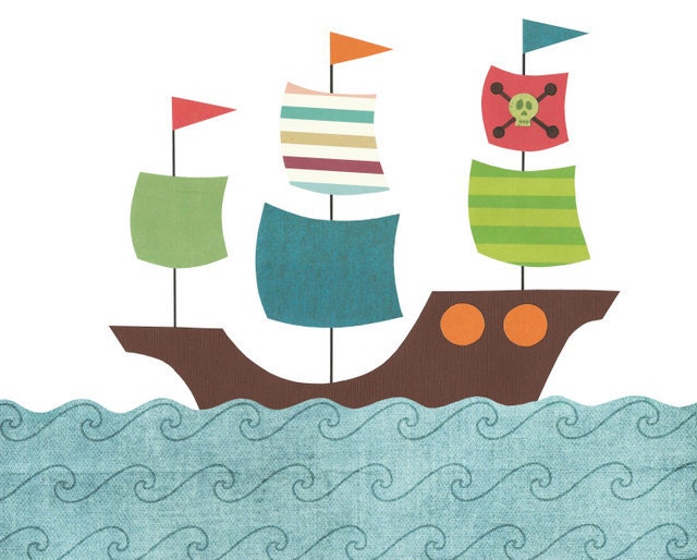 Pirate ship - Nursery, children's or bathroom artwork, boat, ship, pirate, ocean, nautical, blue, brown, green, orange, red