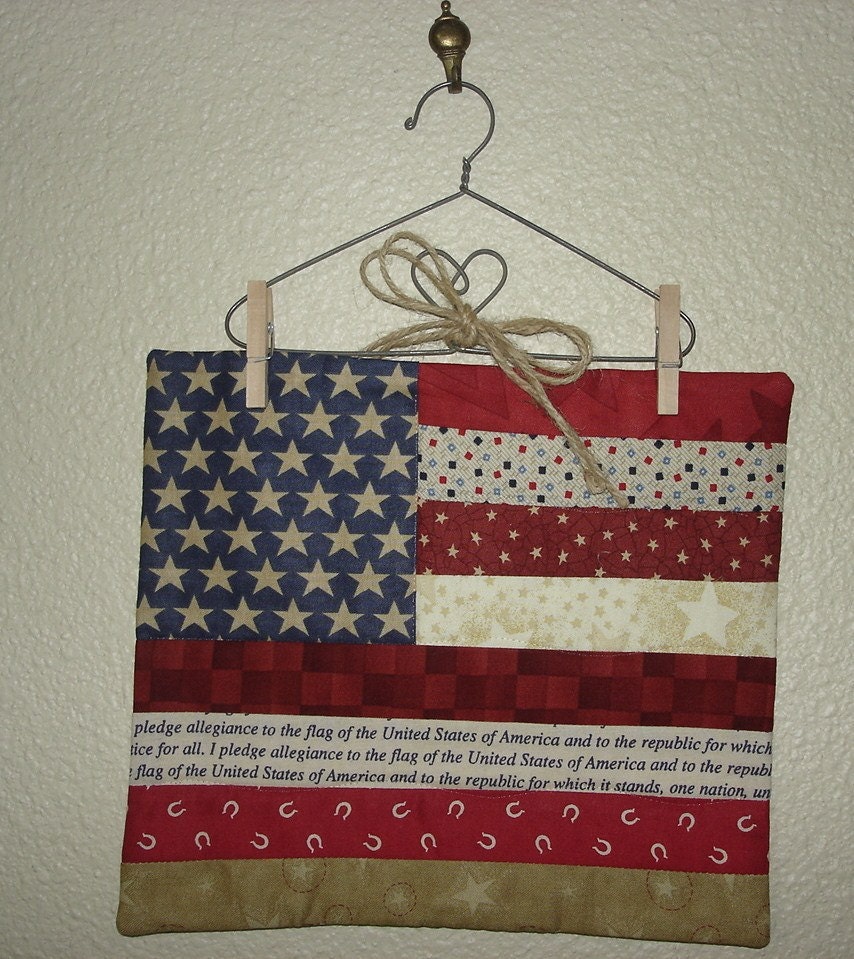 Small USA flag Quilted wall hanging wire hanger pledge of allegiance fabric