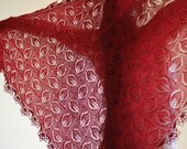Hand knit  shawl in red berry burgundy lace scarf merino wool / tencel crochet border, entrelac - Made To Order