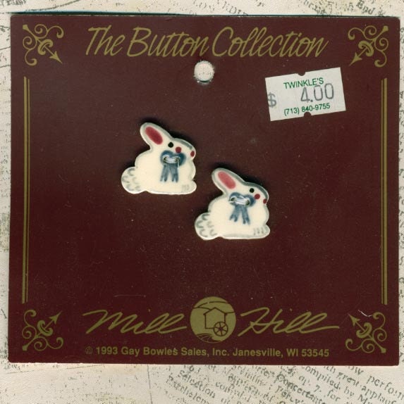 2 Hand Painted Easter Bunny Porcelain Buttons Mill Hill 13/16 inch 20mm