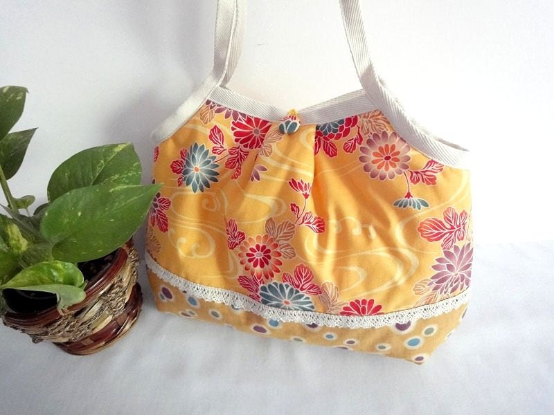 FREE SHIPPING Retro Kimono shoulder Bag Kimono Cotton fabric chrysanthemum dark yellow