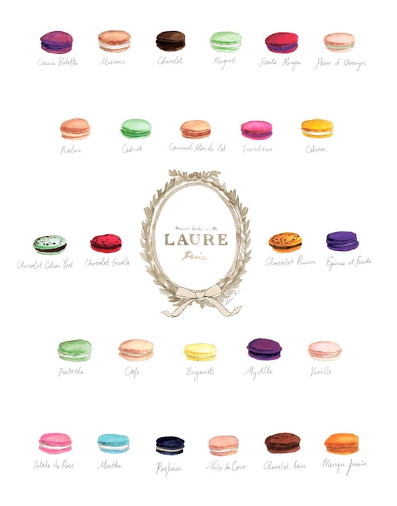 Macaron Flavors Laduree Menu Chart Watercolor Painting - Digital Print 8 x 10 Laure