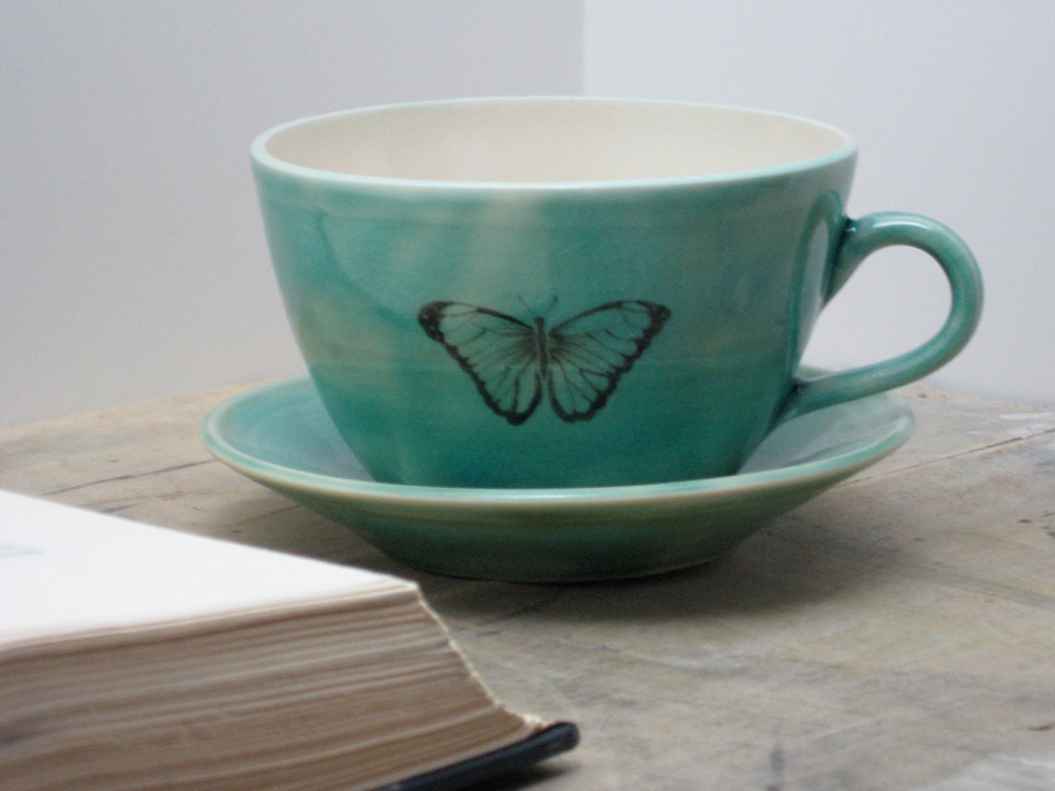 Porcelain China Blue Morpho Butterfly Tea Cup & Saucer