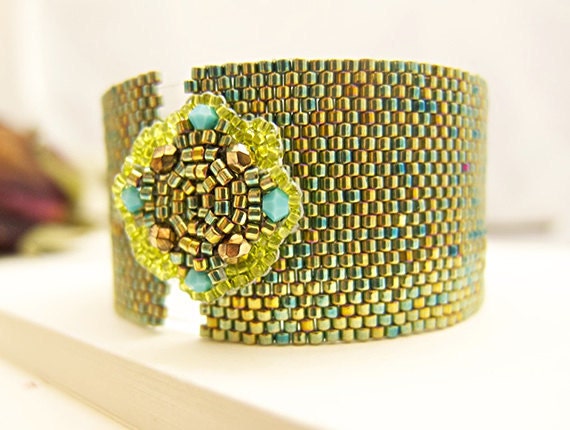 Green Cuff Bracelet Beaded with Flower Motif Button Metallic Iridescent Sparkle Handmade by JeannieRichard