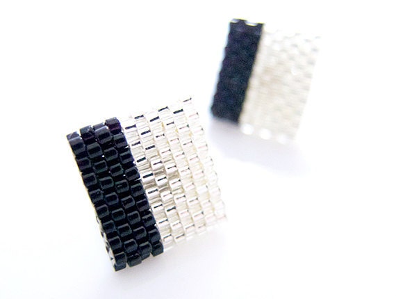 Monochrome Earrings, Black and Silver, Color Block Earrings, Square Earrings, Beaded Ear Studs, OOAK Handmade by JeannieRichard - JeannieRichard