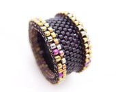 Black Beaded Ring, Art Deco Ring, Couple Ring Bands, Gold Trimming, Statement Ring, Barrel Style, OOAK Handmade by JeannieRichard