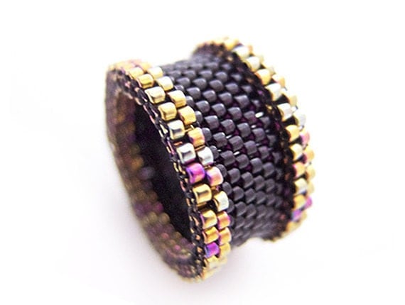 Black Beaded Ring, Art Deco Ring, Couple Ring Bands, Gold Trimming, Statement Ring, Barrel Style, OOAK Handmade by JeannieRichard