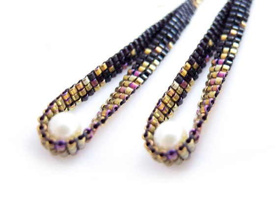 Black Gold Earrings, Beaded Dangle Earrings, White Pearl Earrings, Art Deco Style, Pixel Effect, OOAK Handmade by JeannieRichard