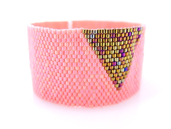 Coral Pink Cuff, Beaded Bracelet Cuff, Gold Triangle Cuff, Gold Arrow Bracelet, Geometric Cuff, Handmade OOAK by JeannieRichard