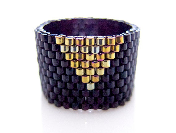 Black Beaded Ring, Gold Triangle Ring, Beaded Ring Band, Geometric Ring, Gold Arrow Ring, Art Deco Style, OOAK Handmade by JeannieRichard