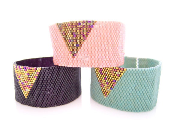 Coral Pink Cuff, Beaded Bracelet Cuff, Gold Triangle Cuff, Gold Arrow Bracelet, Geometric Cuff, Handmade OOAK by JeannieRichard