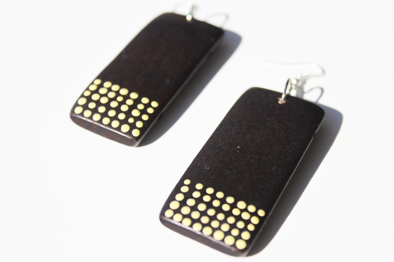 Espresso Brown and Yellow Dotted Wood Rectangle Dangle Earrings by Cre8tivesoul