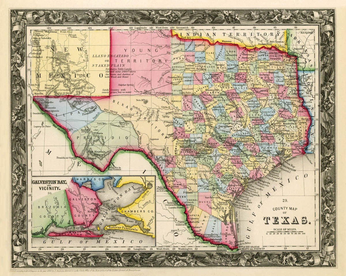 Vintage state map of Texas - 1860 PRINT - 11 x 14" (Larger sizes available)