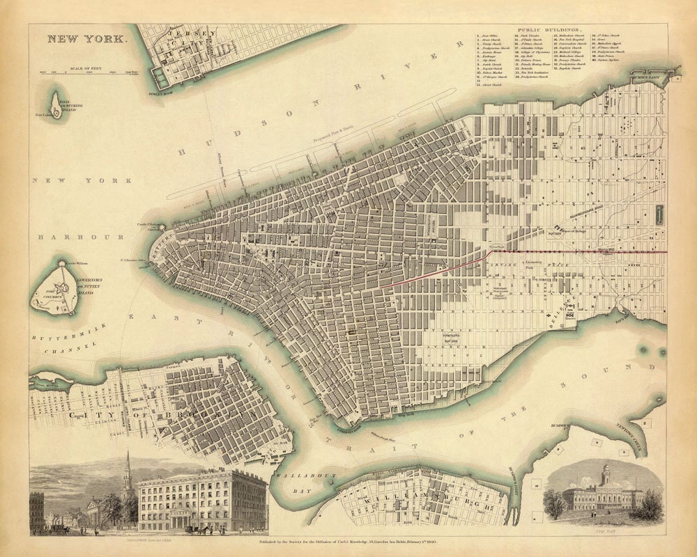 Antique New York city map Print - 30 x 37"