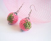 Pink Earrings Green Leaf Motif Crocheted Embroidered Spring Fashion Dangle Gift Wrapped Made to Order