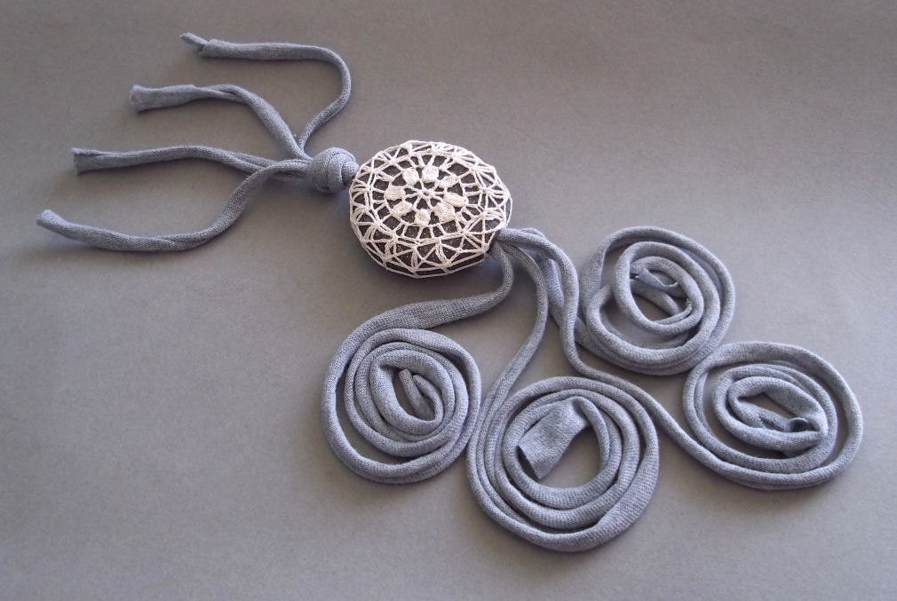 White circle crochet pendant recycled fabric necklace / retro lace covered fake rock/ under 50