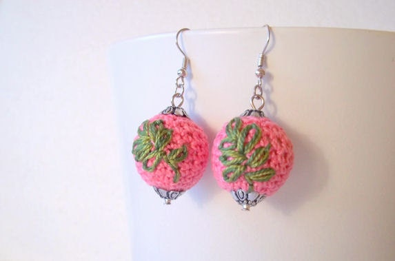 Pink Earrings Green Leaf Motif Crocheted Embroidered Spring Fashion Dangle Gift Wrapped Made to Order