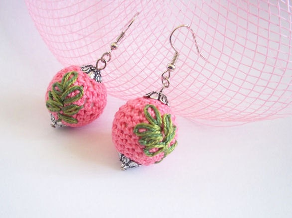 Pink Earrings Green Leaf Motif Crocheted Embroidered Spring Fashion Dangle Gift Wrapped Made to Order