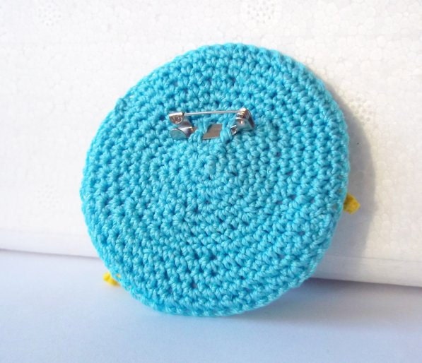 Turquoise circle with yellow bow crocheted brooch pin boutonniere of mercerized cotton thread