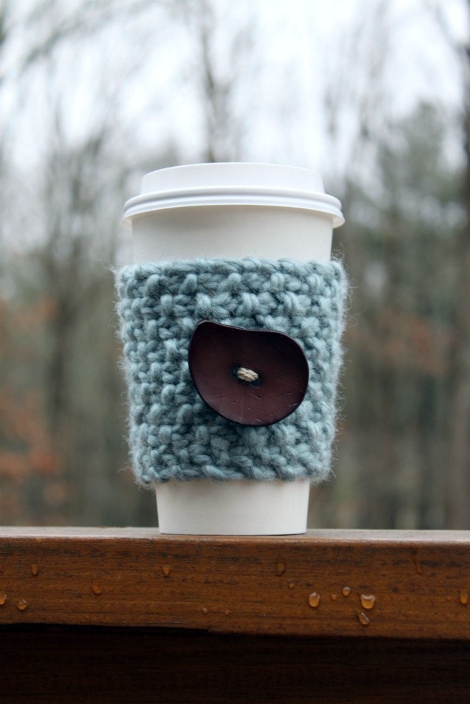 Knit Coffee Cozy/Sleeve Light Blue with Brown Button