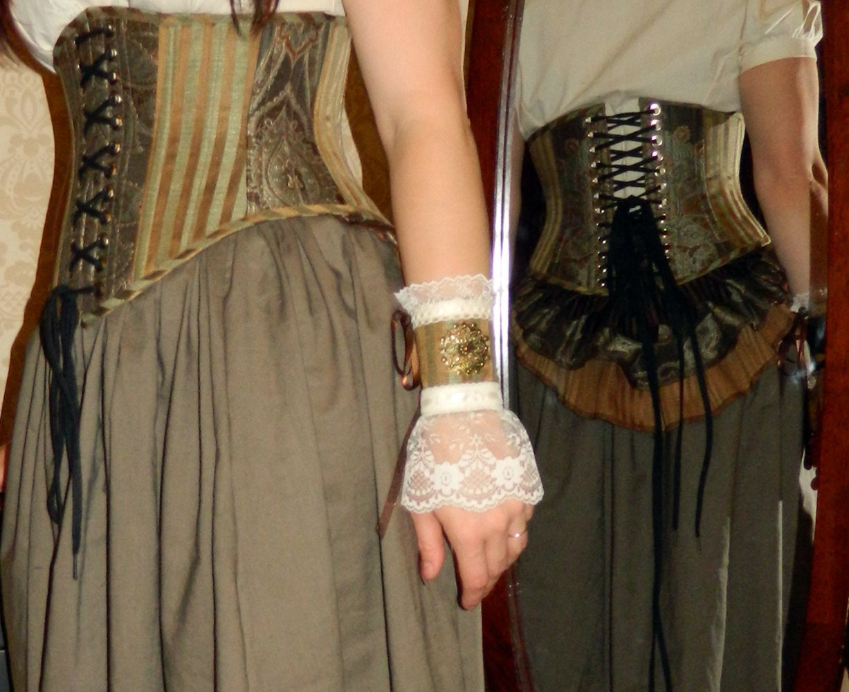Victorian Gothic Steampunk Single Wrist Cuff -- Ready to Ship -- Seafoam/Caramel Stripe with Cream Lace and Antique Brass Metal