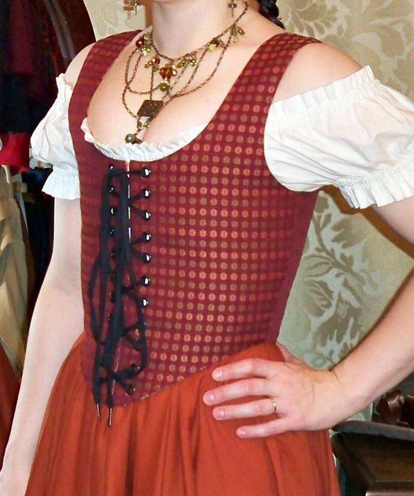 Reversible Renaissance Wench Bodice - Burgundy Geometric Tapestry & Floral Tapestry - Fits Bust 29.5"-31", Waist 23"-24.5"
