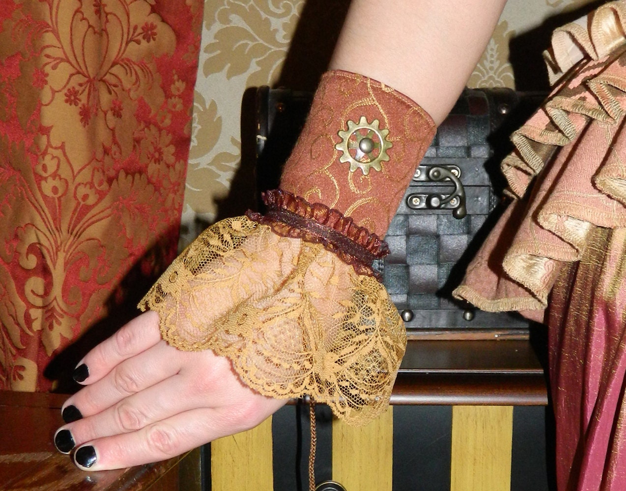 Victorian Gothic Steampunk Gear Single Wrist Cuff -- Ready to Ship -- Coral/Gold Swirly with Caramel Lace and Antique Brass Metal