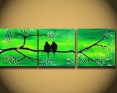 Landscape Modern ORIGINAL Fine Art LOVE Birds Tree Branches 36" Contemporary Green Large Abstract Painting Handmade ready to hang Craft