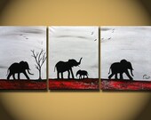 Original Painting Large Abstract Elephants Family Silhouette African Tree and Birds Modern Contemporary fine art  Savanna Landscape Canvas