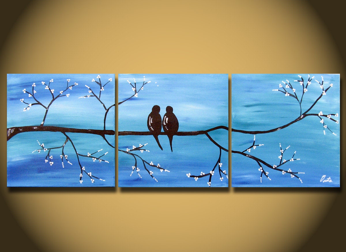 Landscape painting, Love Birds, HUGE 36 x 12, Acrylic on canvas, ready to hang, ORIGINAL One of a Kind Blue White silver WEDDING gift