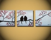 Silver painting, Wedding Gift, Large Love Birds Painting, 36 x 12, Acrylic Art canvas,  anniversary gift, ORIGINAL red flowers tree pif