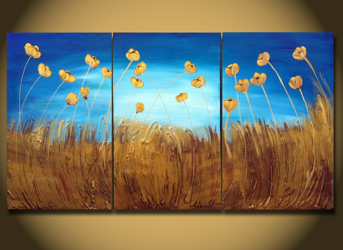 SALE Painting, ORIGINAL Large Amazing Flowers Abstract, Textured Gold Flowers, Landscape Painting, Modern Palette Knife, Ready to Hang 48x
