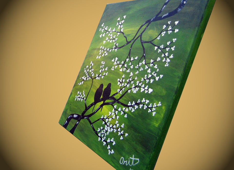 LOVE BIRDS Painting Landscape Modern, Lovebird wall art, ORIGINAL Lovebirds Art Green White Birds on a tree Huge on canvas