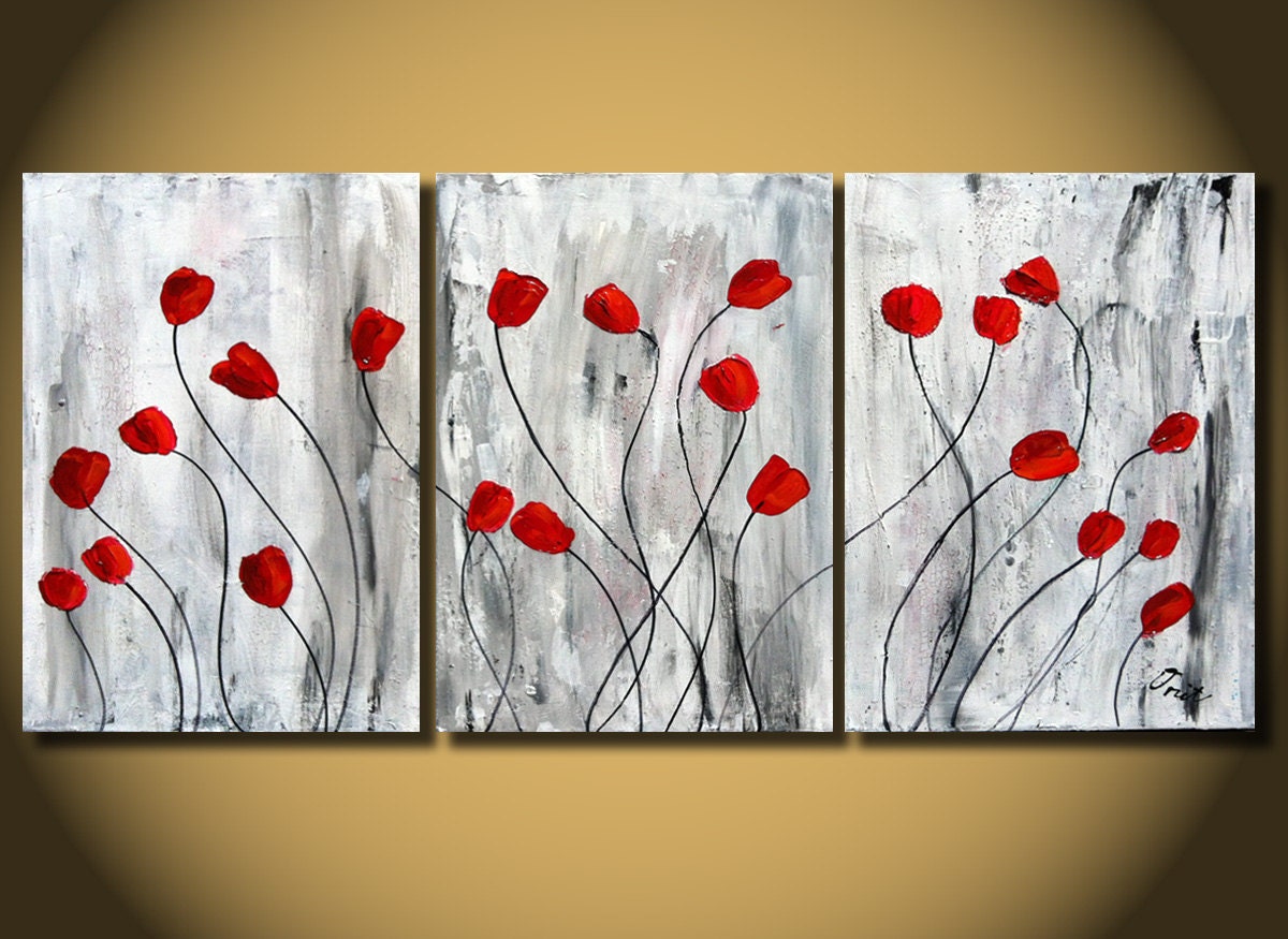 Red Tulips flower painting, Original Art Nature heavy texture on Canvas, Red floral painting, natural home decor, botanical tulips, abstrac