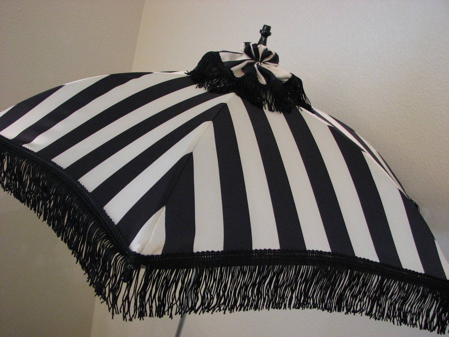 VICTORIAN PARASOL in Black and Ivory Stripe Satin Embellished with Black Fringe