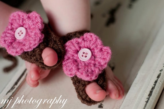 Baby Barefoot Sandals with Flower in Brown