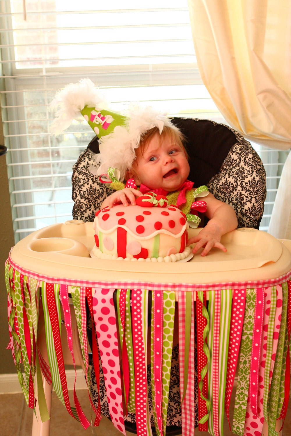 Ribbon Highchair Birthday Banner, Strawberry Shortcake party, Pink, Green and Red, 1st Birthday