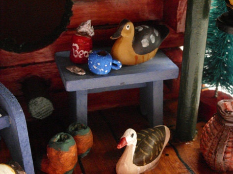 Log Cabin Birdhouse - Fishing & Hunting Camp with duck decoys, creel, dog and stone chimney