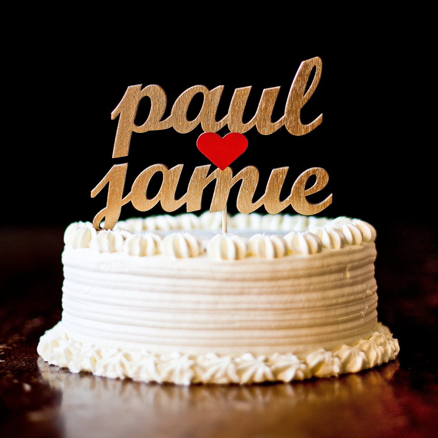 The Whimsical Wedding Cake Topper in Gold and Classic Red - Large - Mahogany Wood