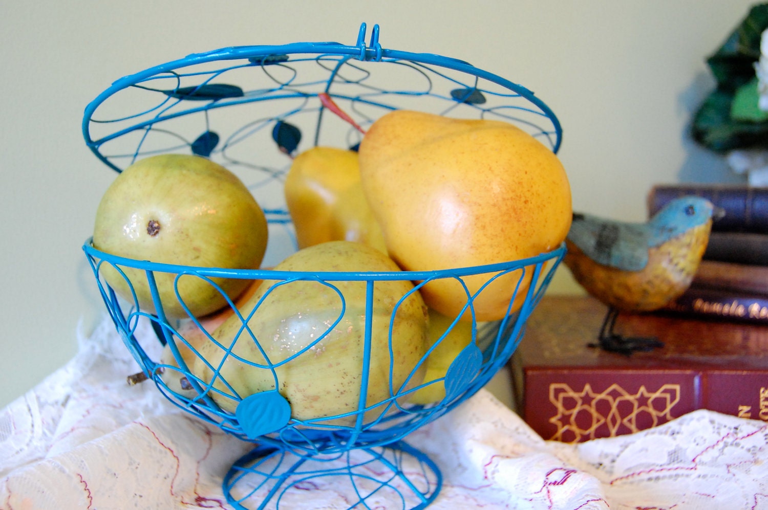 Charming Teal/Blue Wire Basket with attached hinged lid