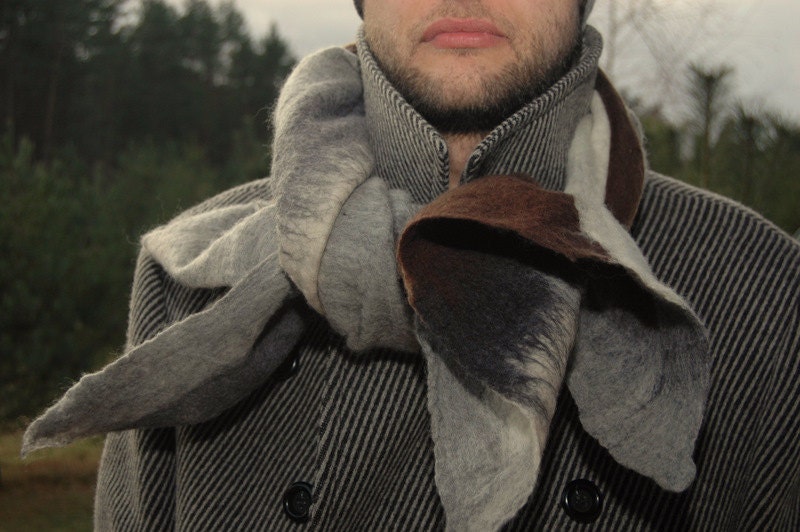 Felted shawl for Him, gray - brown merino wool - jurgaZa