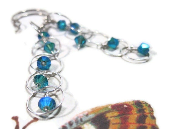 Silver Dangle Earring, Bubble, Blue Zircon AB2x Swarovski Elements Crystal Sterling Wedding Teal