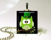 Owl Jewelry - Irish Owl St Patricks Day Scrabble Wood Tile Necklace Pendant - Leprechaun (ball chain sold separately-MANY colors available)