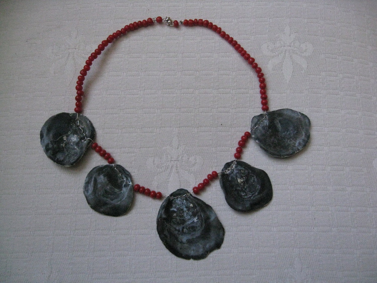 Statement Necklace of Oysters and blood coral.....eco-friendly