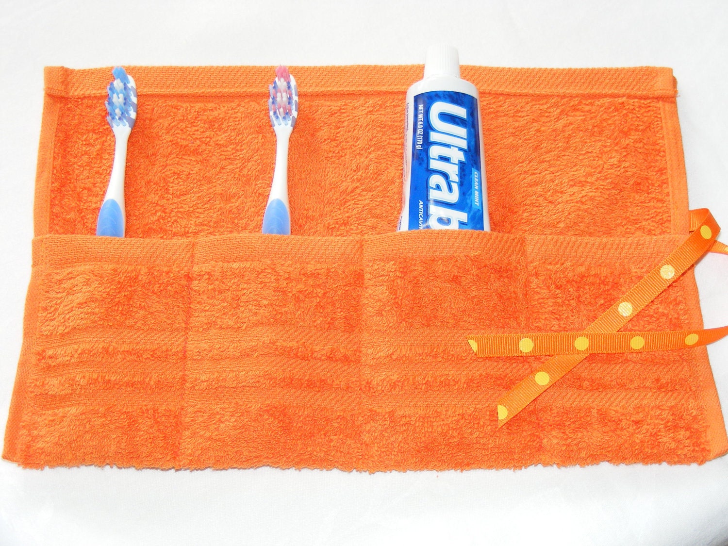 Terrycloth Toothbrush and Paste Travel Pouch in Tangerine Orange...great little gift...free shipping